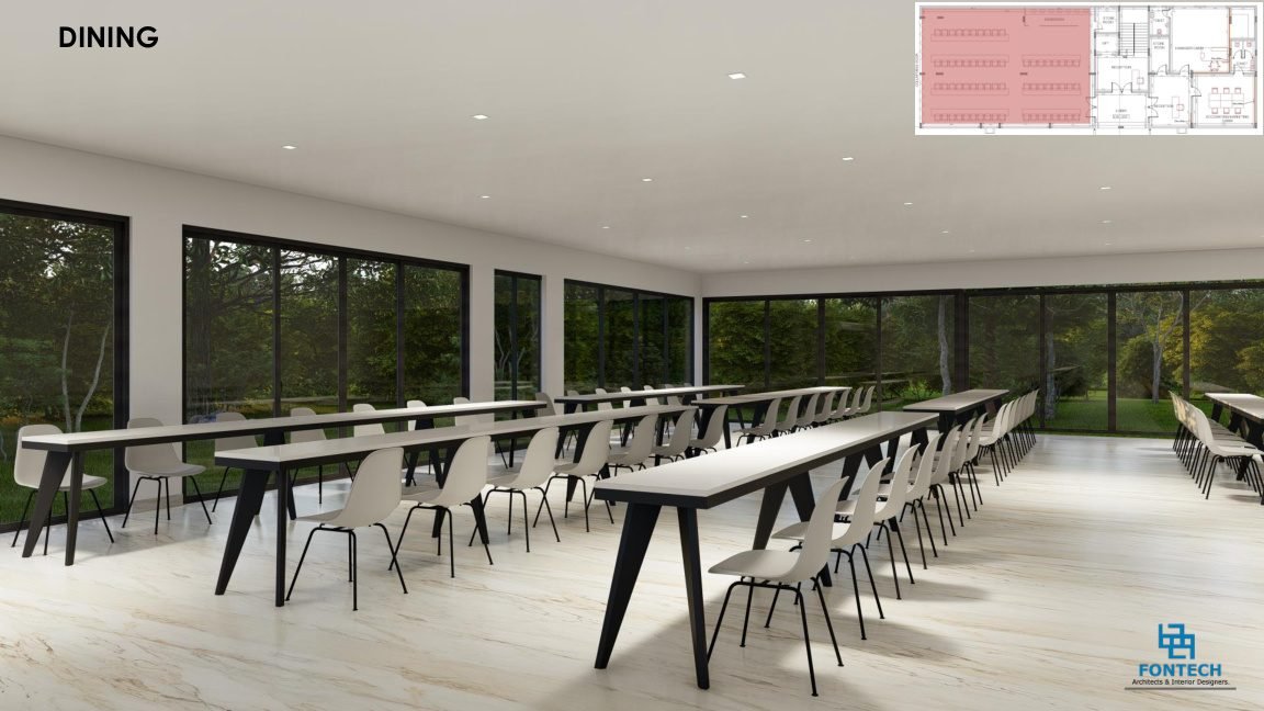 Spacious dining hall interior with long tables